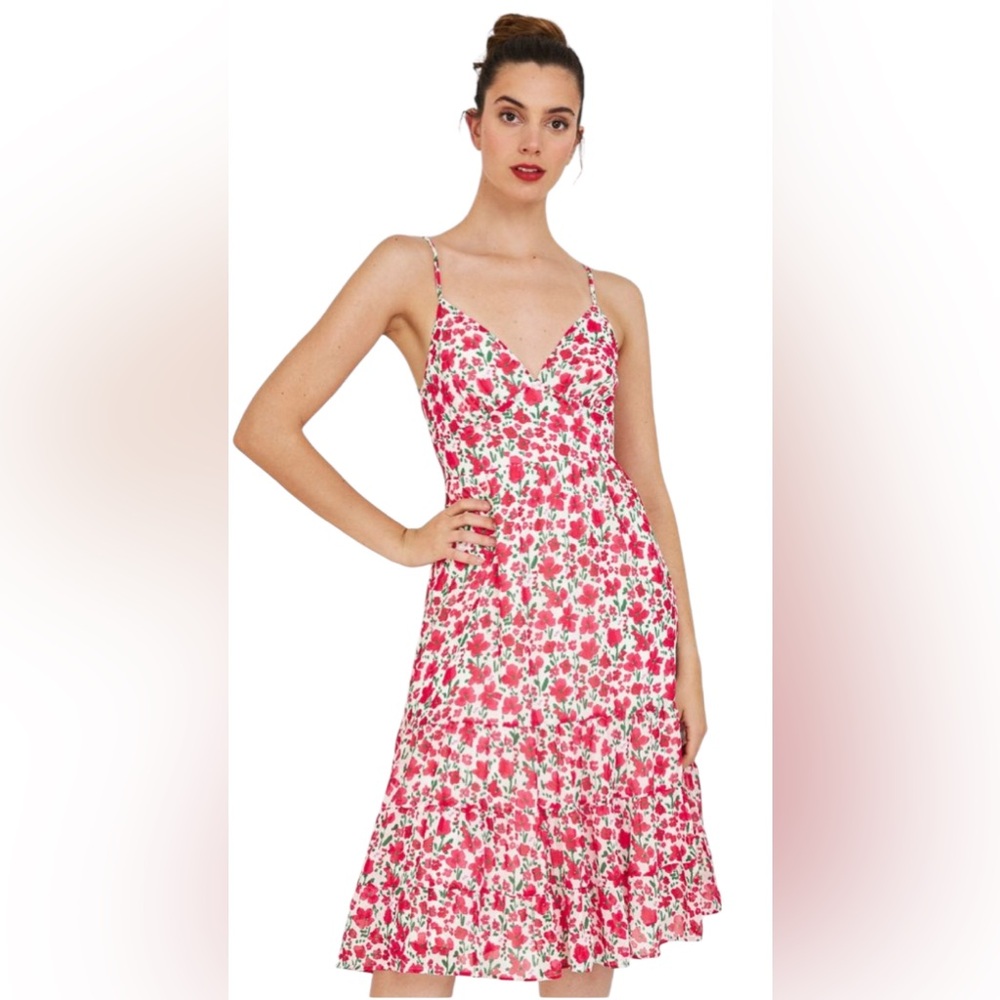 B.DARLIN MARITZA MIDI FLORAL DRESS BOW ON THE BACK ADJUSTABLE STRAPS WHITE/RED S